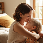 A caring mother gently observing her young child in a warm, naturally lit home environment. The child is happy and healthy, perhaps playing quietly or interacting playfully with the mother. Emphasize the intuitive bond and peaceful atmosphere, representing holistic child development. Soft, natural colors, serene mood, realistic style.