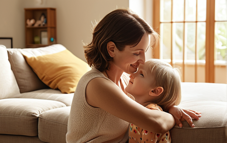 A caring mother gently observing her young child in a warm, naturally lit home environment. The child is happy and healthy, perhaps playing quietly or interacting playfully with the mother. Emphasize the intuitive bond and peaceful atmosphere, representing holistic child development. Soft, natural colors, serene mood, realistic style.