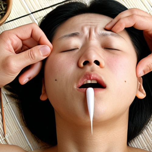 A person experiencing allergy symptoms like sneezing, itchy eyes, and a stuffy nose, with traditional Chinese medicine elements (like acupuncture needles or herbs) subtly overlaid. The scene should evoke a sense of discomfort but also a hint of hope for natural relief.