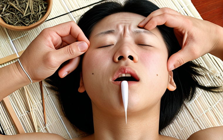 A person experiencing allergy symptoms like sneezing, itchy eyes, and a stuffy nose, with traditional Chinese medicine elements (like acupuncture needles or herbs) subtly overlaid. The scene should evoke a sense of discomfort but also a hint of hope for natural relief.